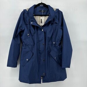 LOMON Navy Blue Hooded Rain Jacket Women's Size M Lightweight Drawstring Pockets